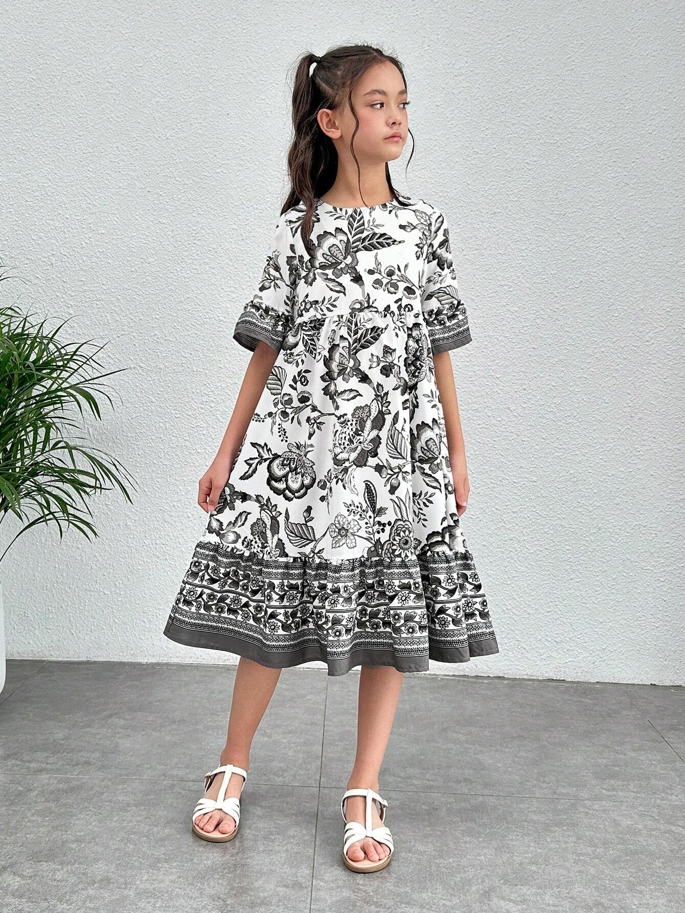 Tween Girl Floral Print Flounce Sleeve Ruffle Hem Dress