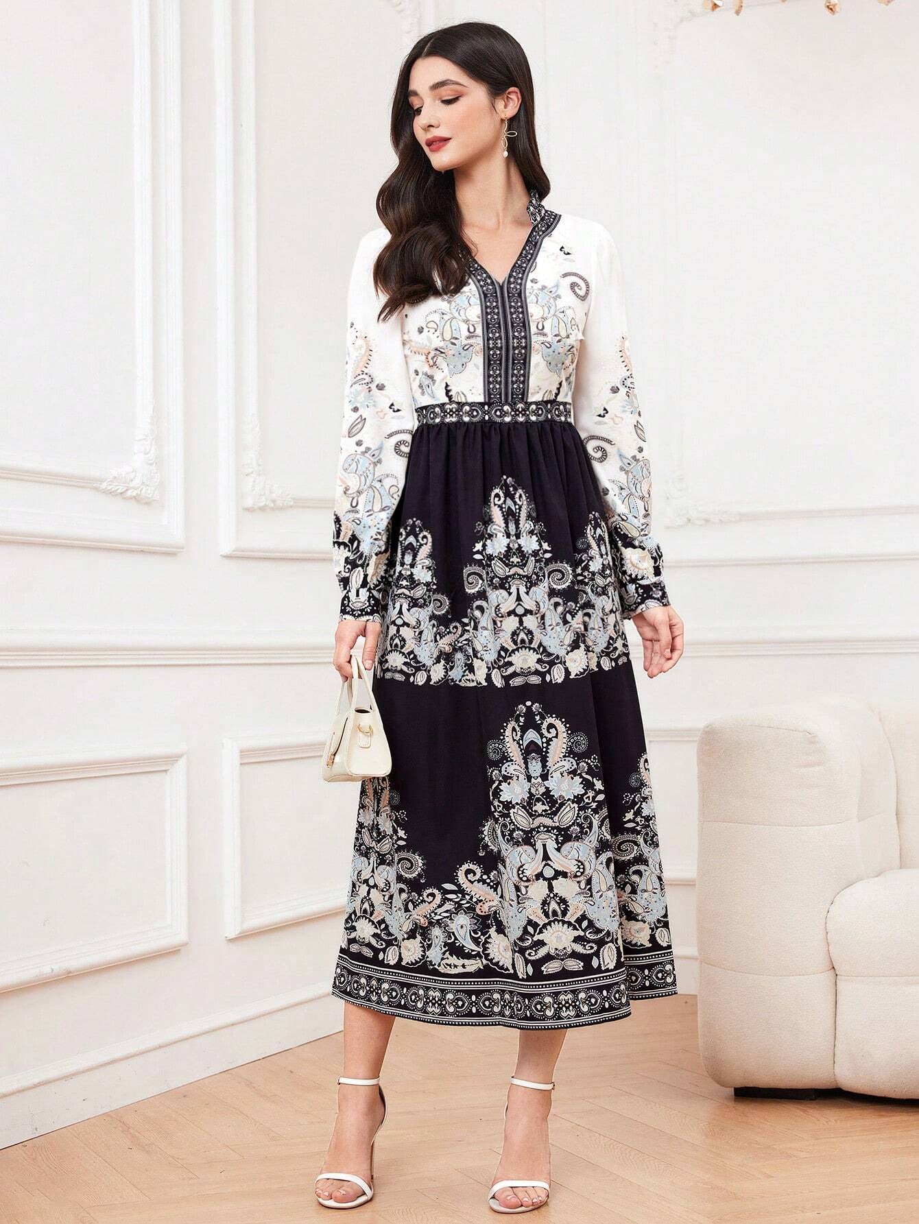 Mulvari Paisley Print V-Neck Cinching Waist Dress