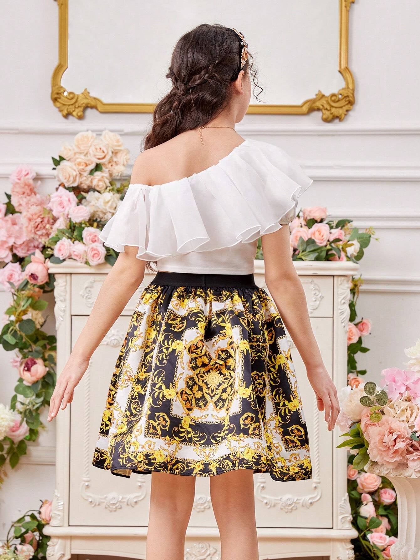 Tween Girls' One Shoulder Ruffle Trim Top & Vintage Flower Patterned Skirt Set