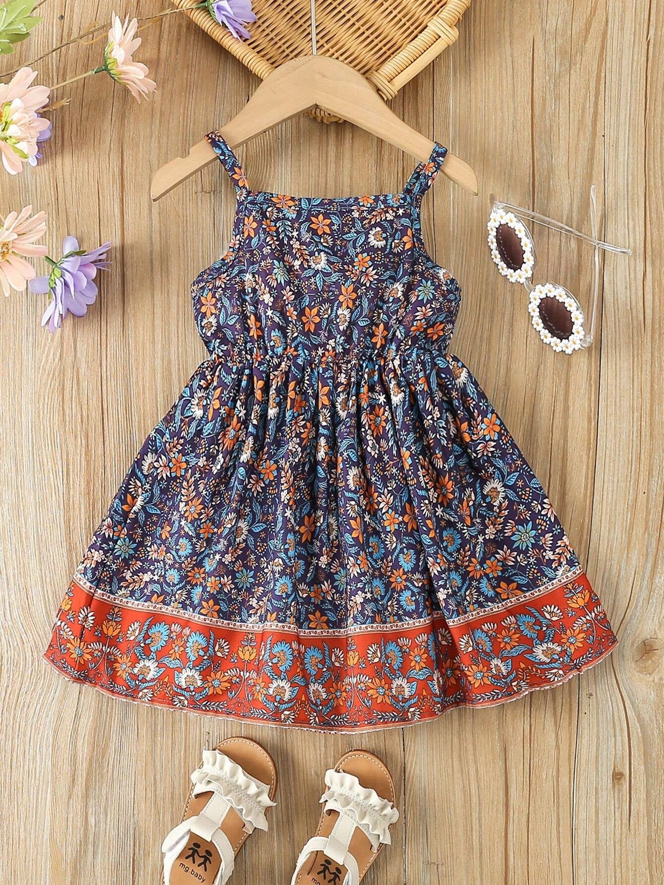 Baby Girl Floral Printed Spaghetti Strap Dress