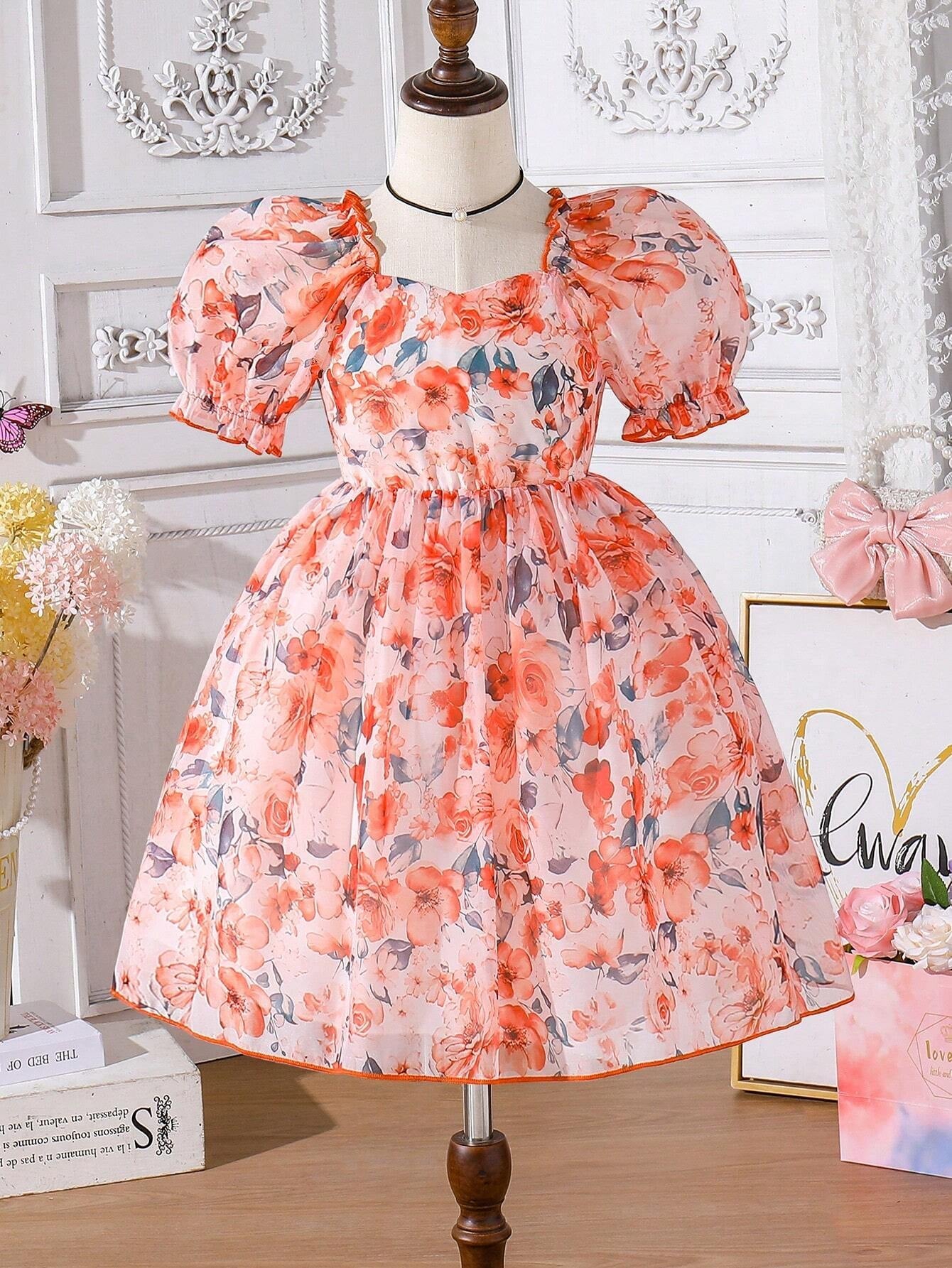 Young Girls' Summer Flower Print Dress, Purple Floral Princess Dress with Puff Sleeves