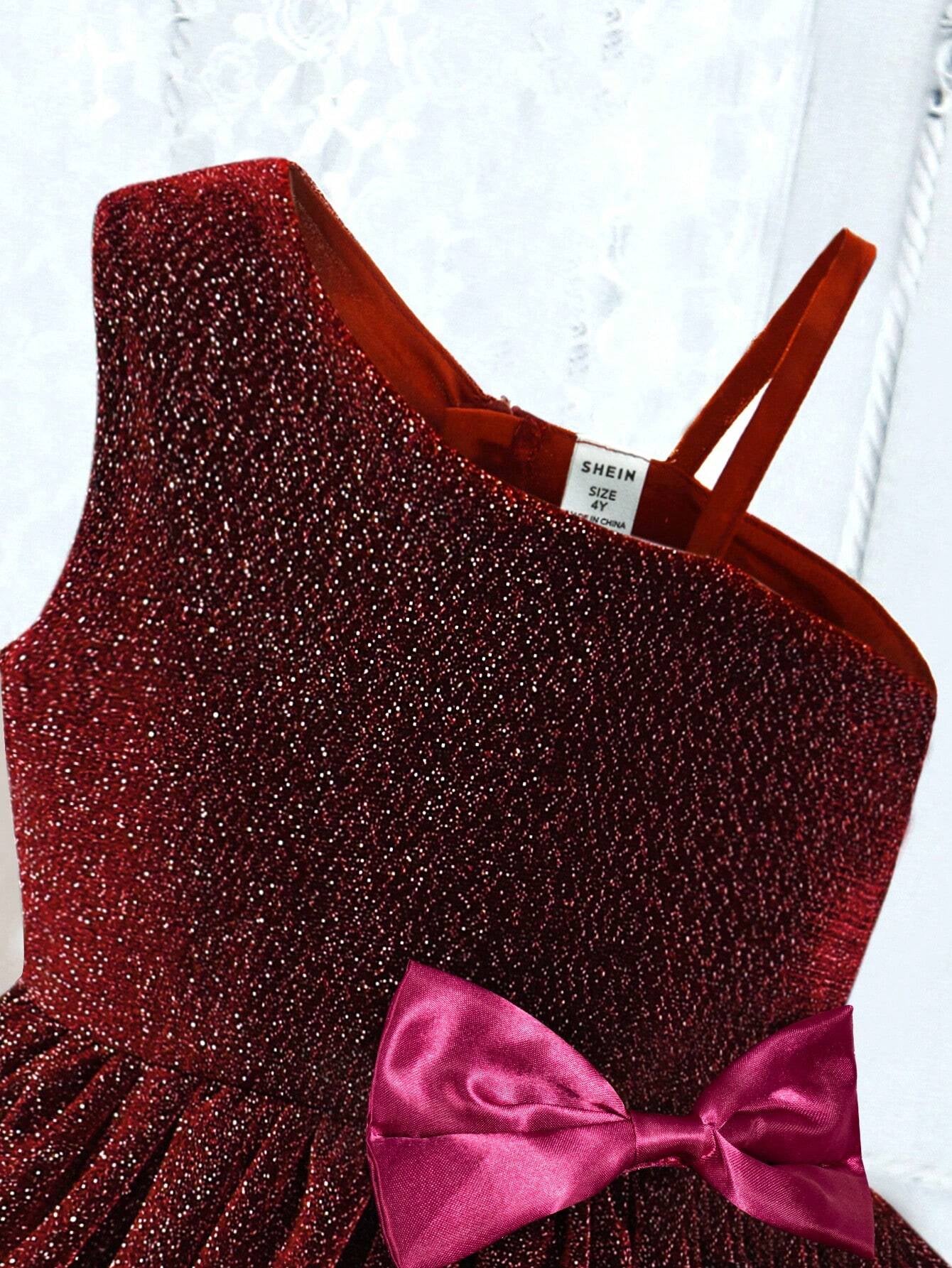 Young Girl Asymmetrical Neck Bow Front Mesh Overlay Dress