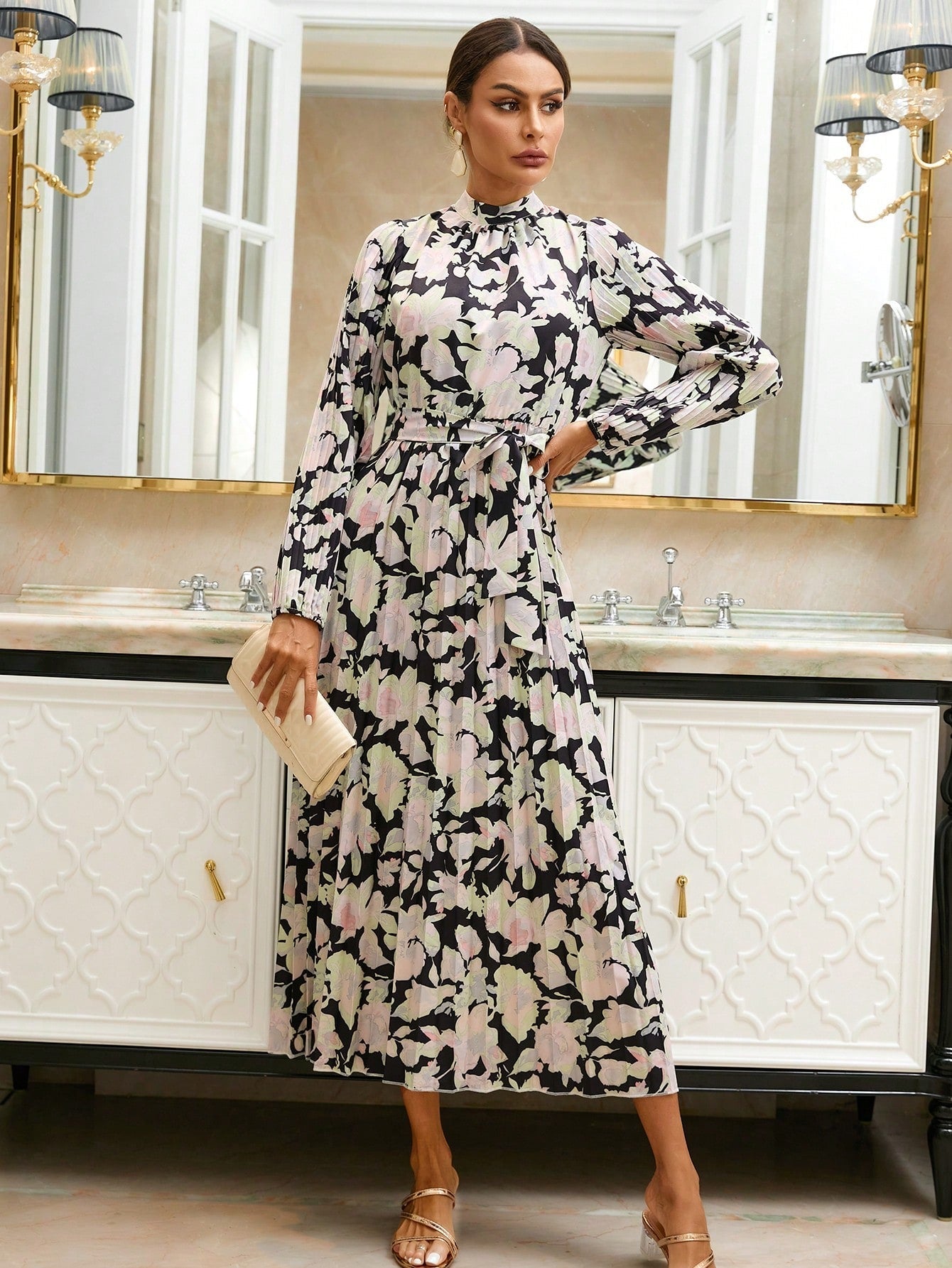 Clasi Ladies' Floral Print Deep Belted Long Sleeve Dress
