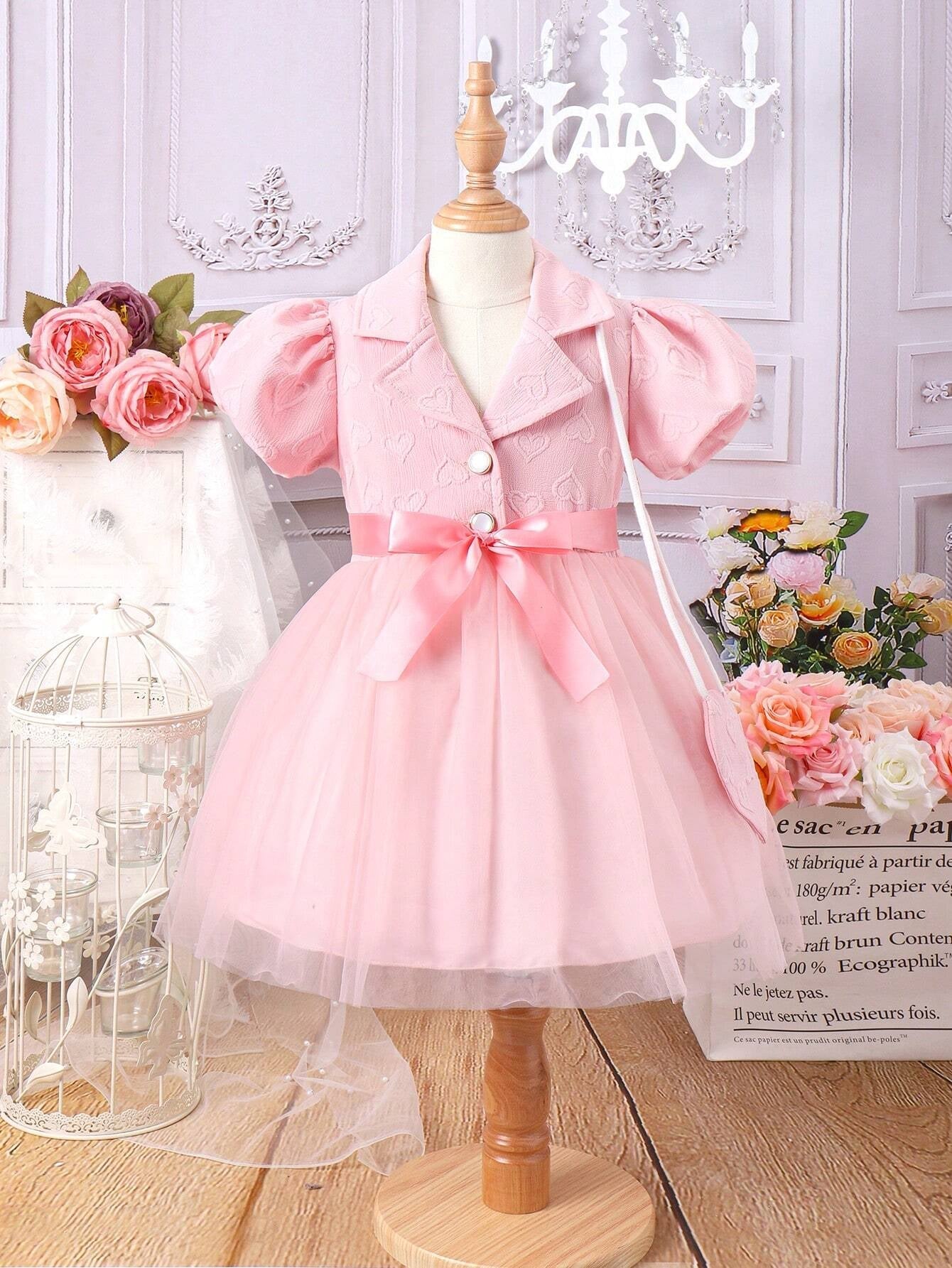 Little Girls' Princess Style Casual Fashionable Elegant Heart Shaped Bag Mesh Dress