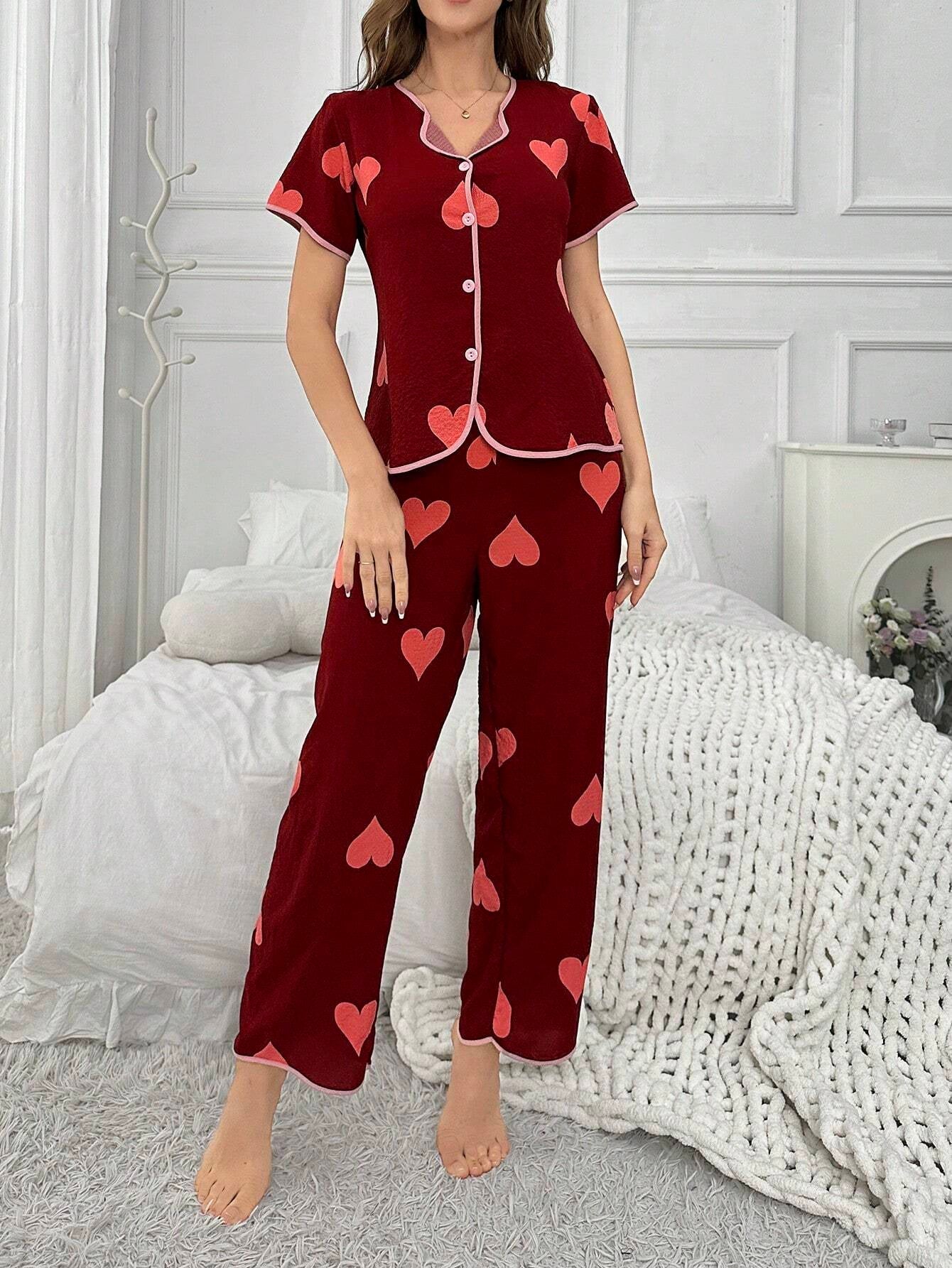 Heart Print Contrast Trim Short Sleeve Top and Long Pants Pajama Set