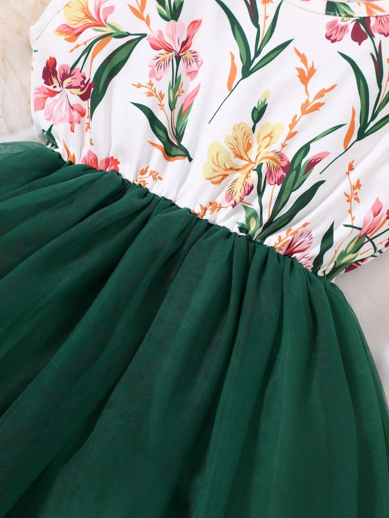 Young Girl Floral Print Contrast Mesh A-Line Dress