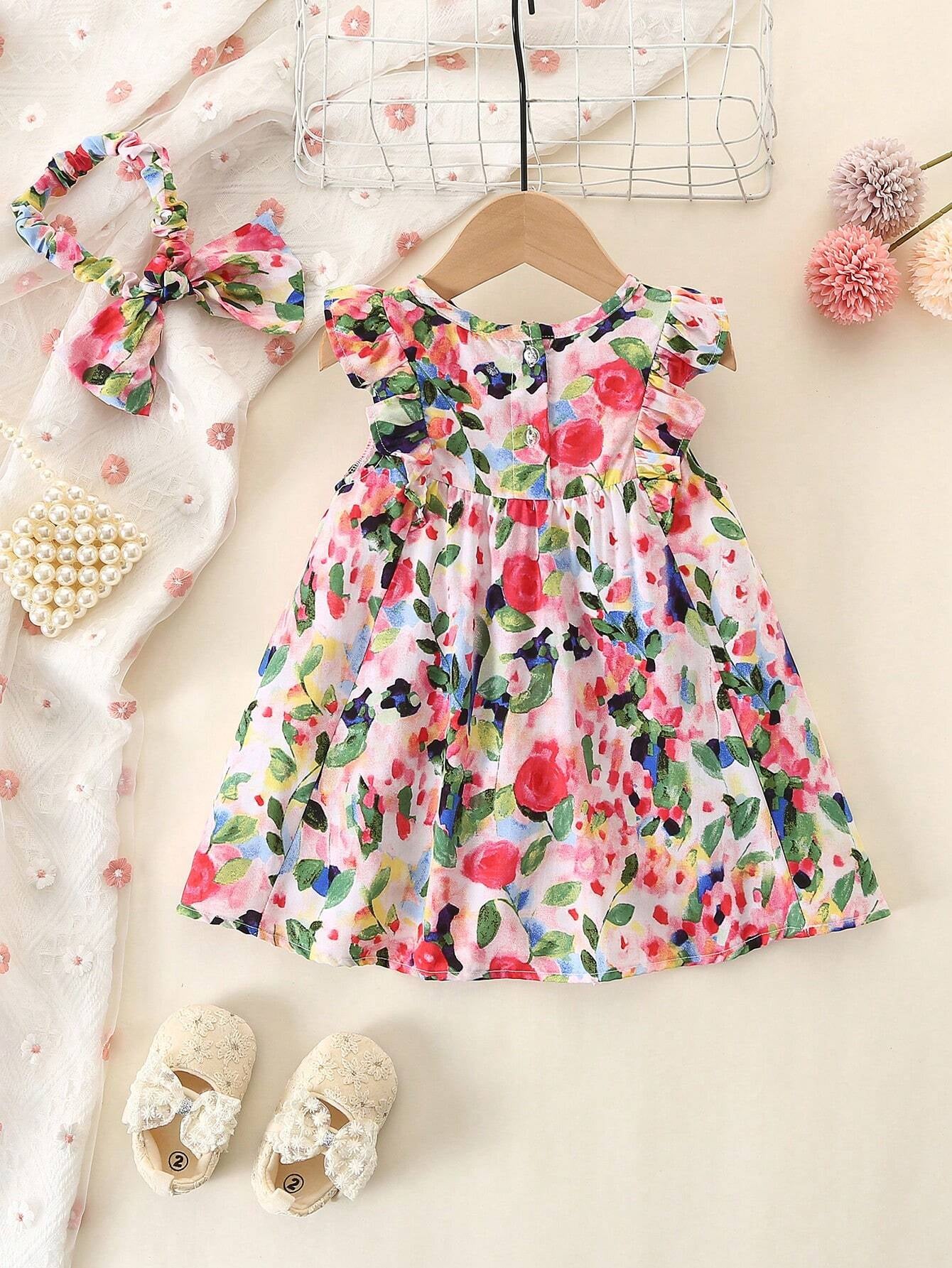 Baby Girl'S Full Print Floral Dress with Ruffled Hem and Headband