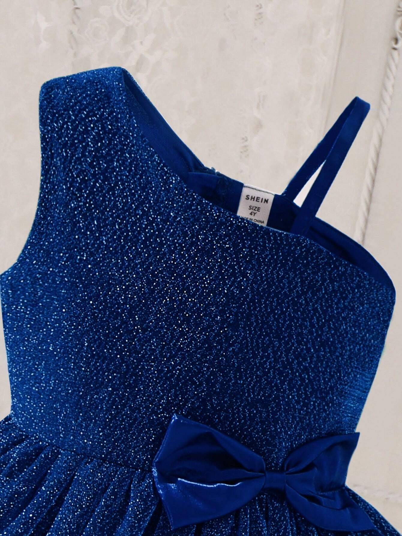 Young Girl Asymmetrical Neck Bow Front Mesh Overlay Dress