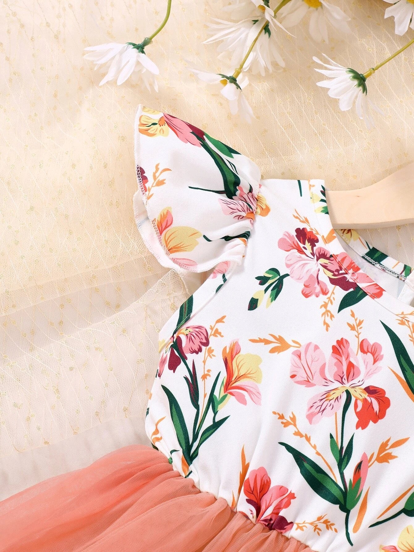 Young Girl Floral Print Contrast Mesh A-Line Dress