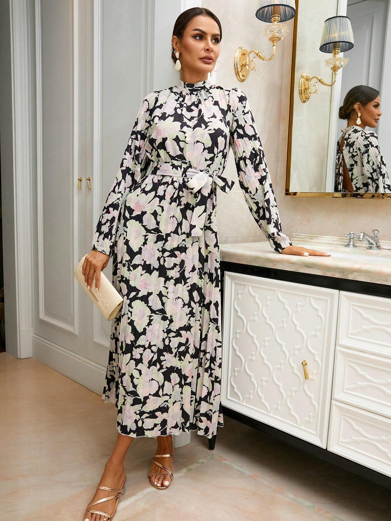 Clasi Ladies' Floral Print Deep Belted Long Sleeve Dress