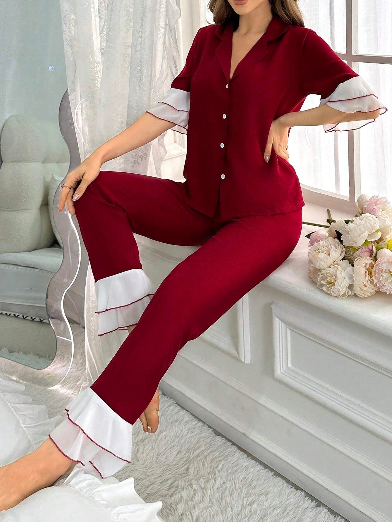 Women'S Two-Piece Sleepwear Set with Color Block Flounce Sleeve Top and Flare Pants