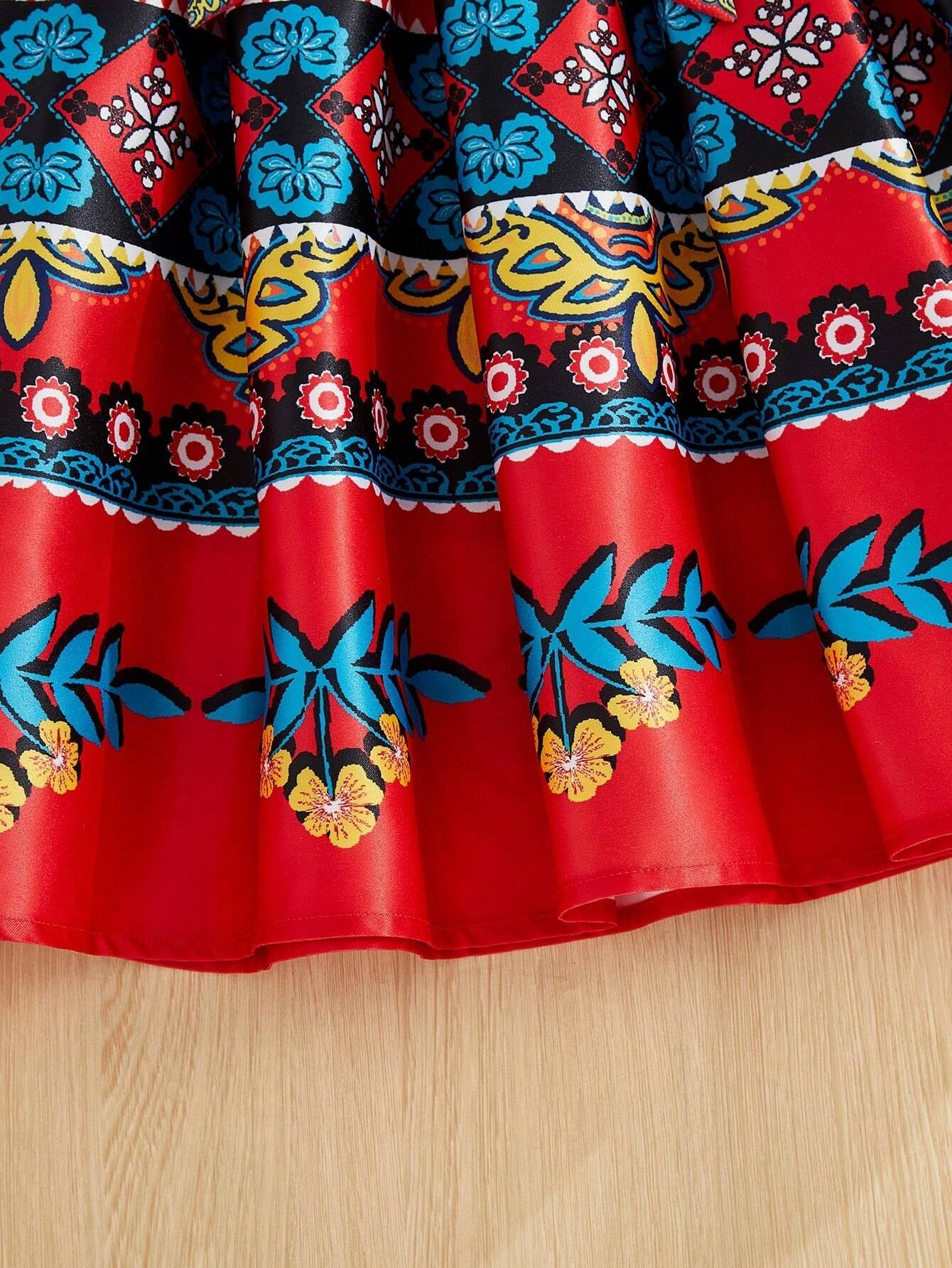 Tween Girls' Cute Square Neck Puff Sleeve Shirt and Retro Printed A-Line Skirt Two Piece Set