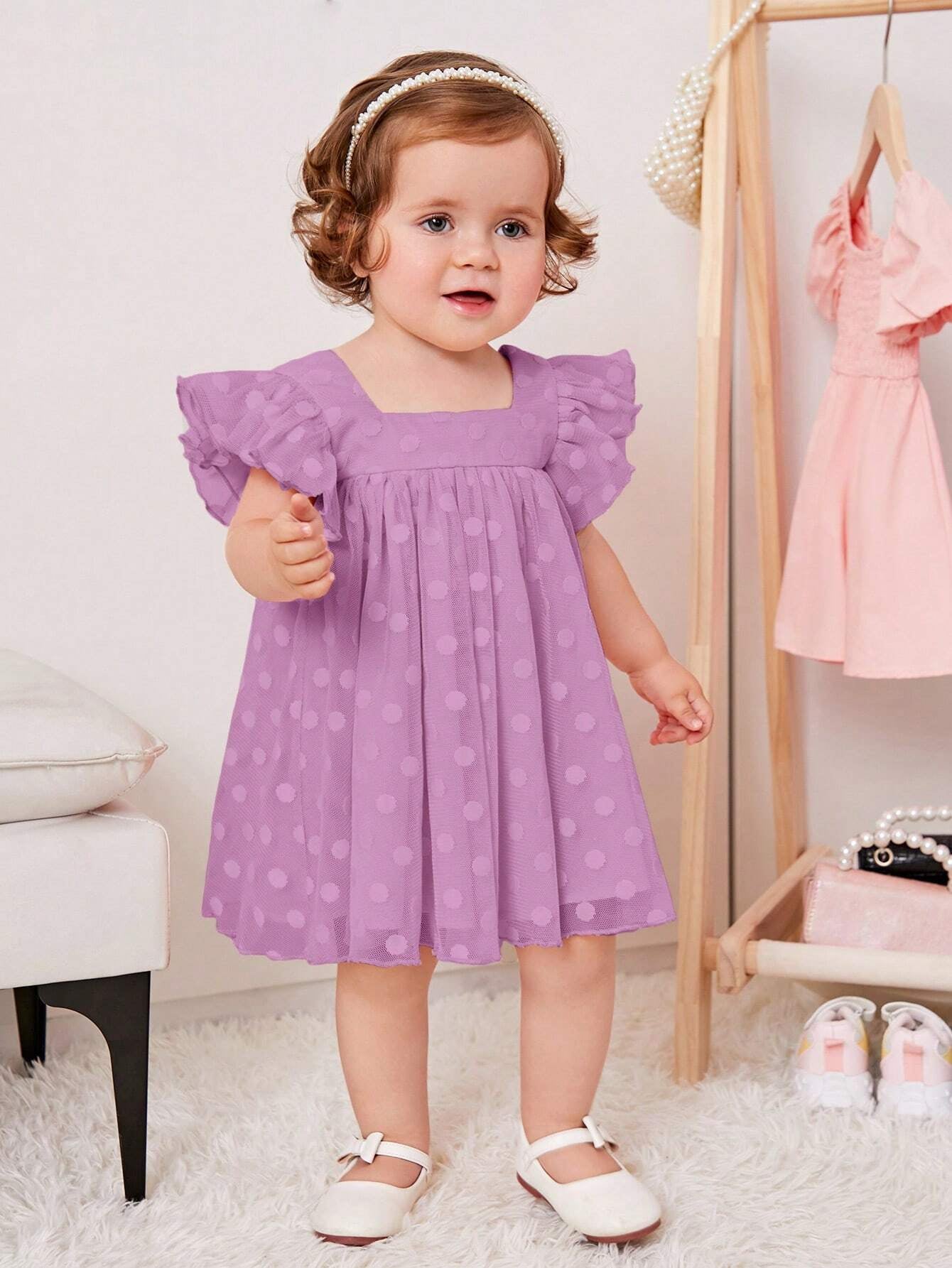 Baby Girl'S Sweet Polka Dot Mesh Dress with Square Neckline and Short Flutter Sleeves