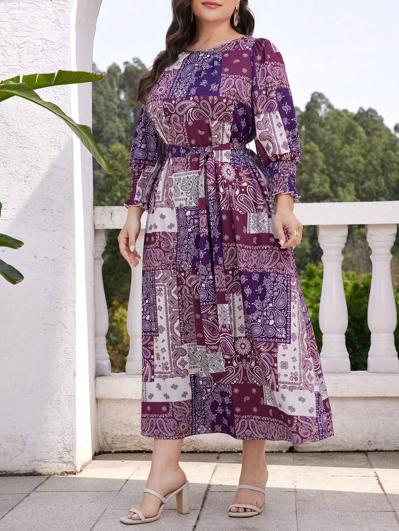 Mulvari plus Size Women'S Belted Dress with Silk Scarf Print