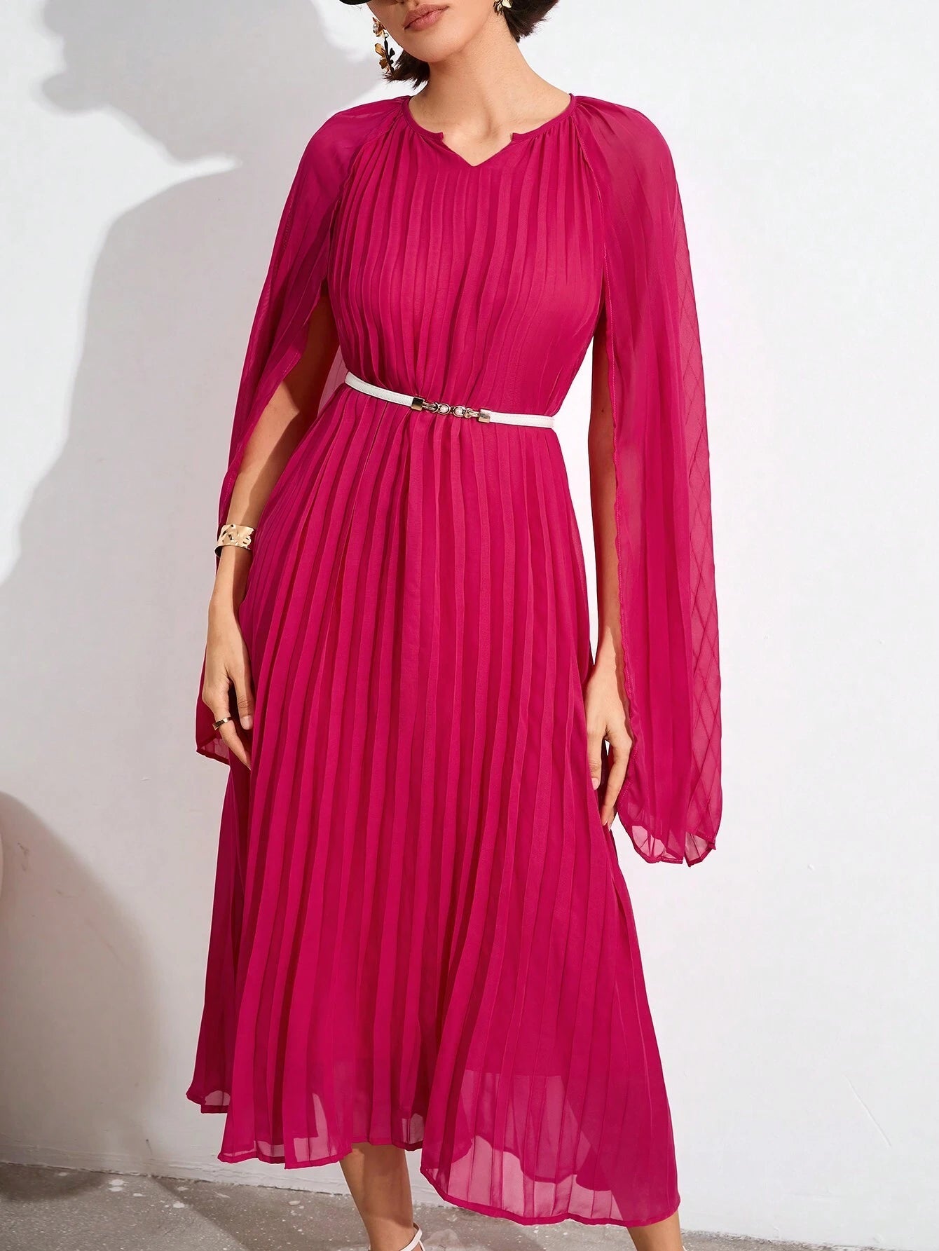 Privé Solid Color Cape Sleeve Pleated Dress