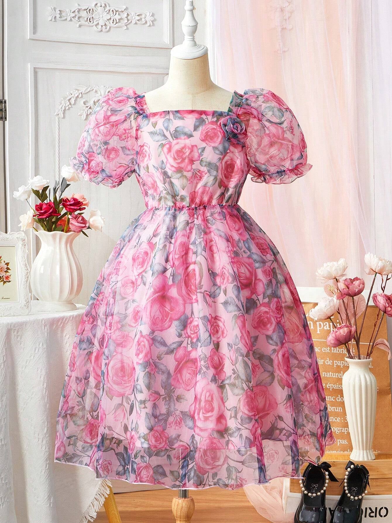 Tween Girl Floral Printed Mesh Patchwork Puff Sleeve Dress