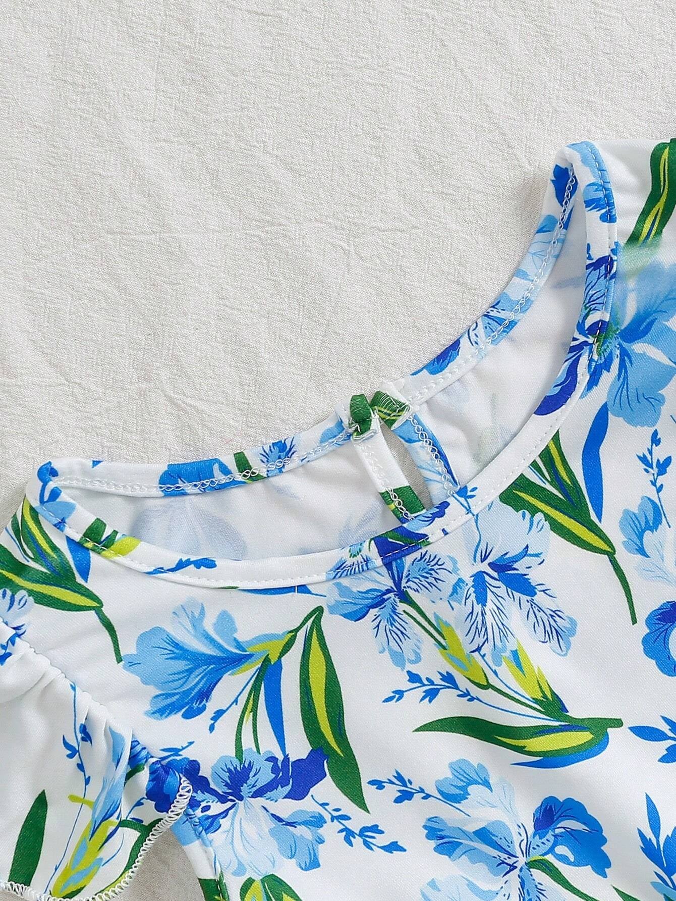 Young Girl Floral Print Contrast Mesh A-Line Dress