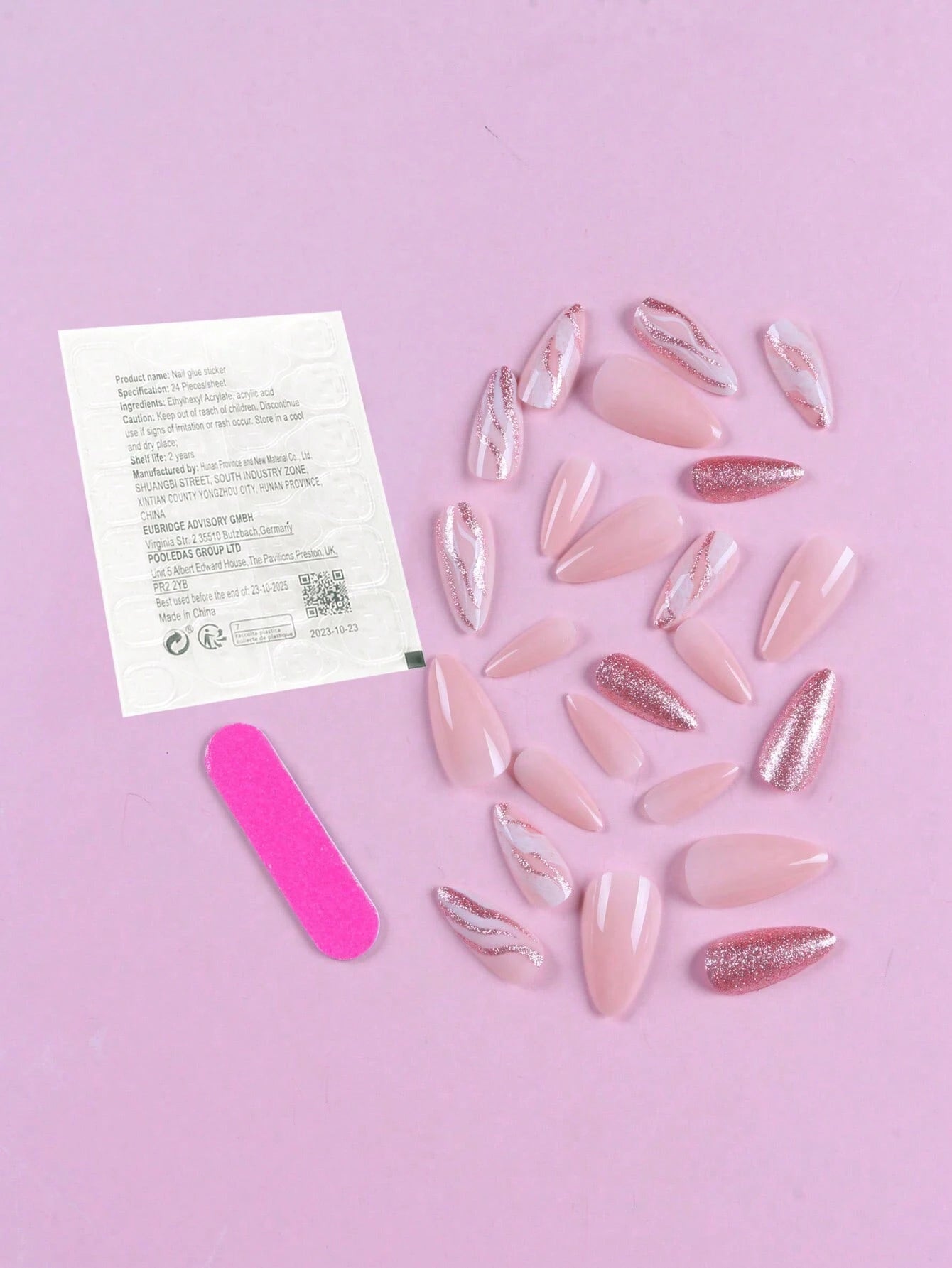 Get Glamorous with 24Pcs Long Almond Marble Smudge Glitter Fake Nail & 1Pc Nail File & 1Sheet Tape