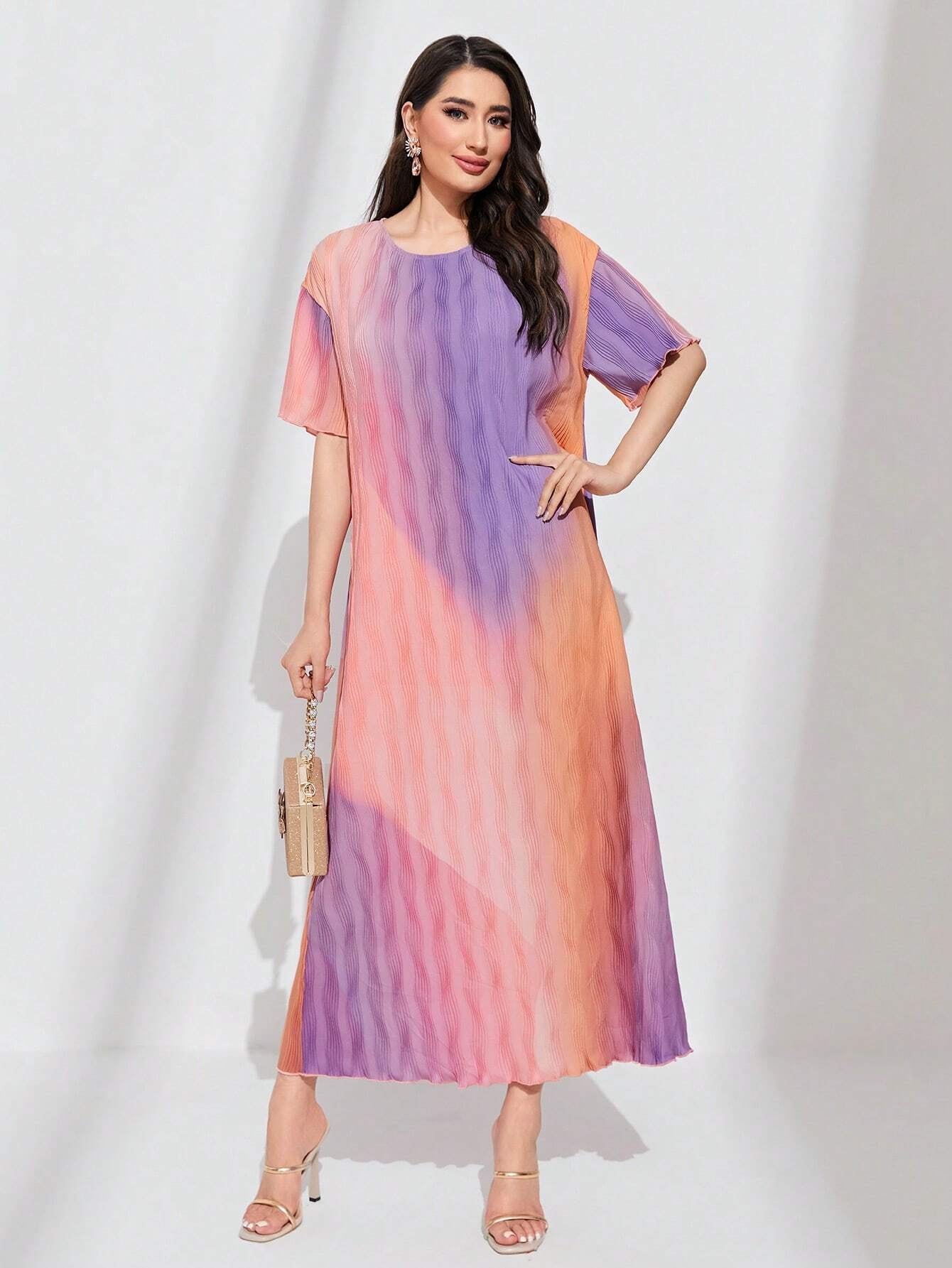 Mulvari Ombre Print Lettuce Trim Dress