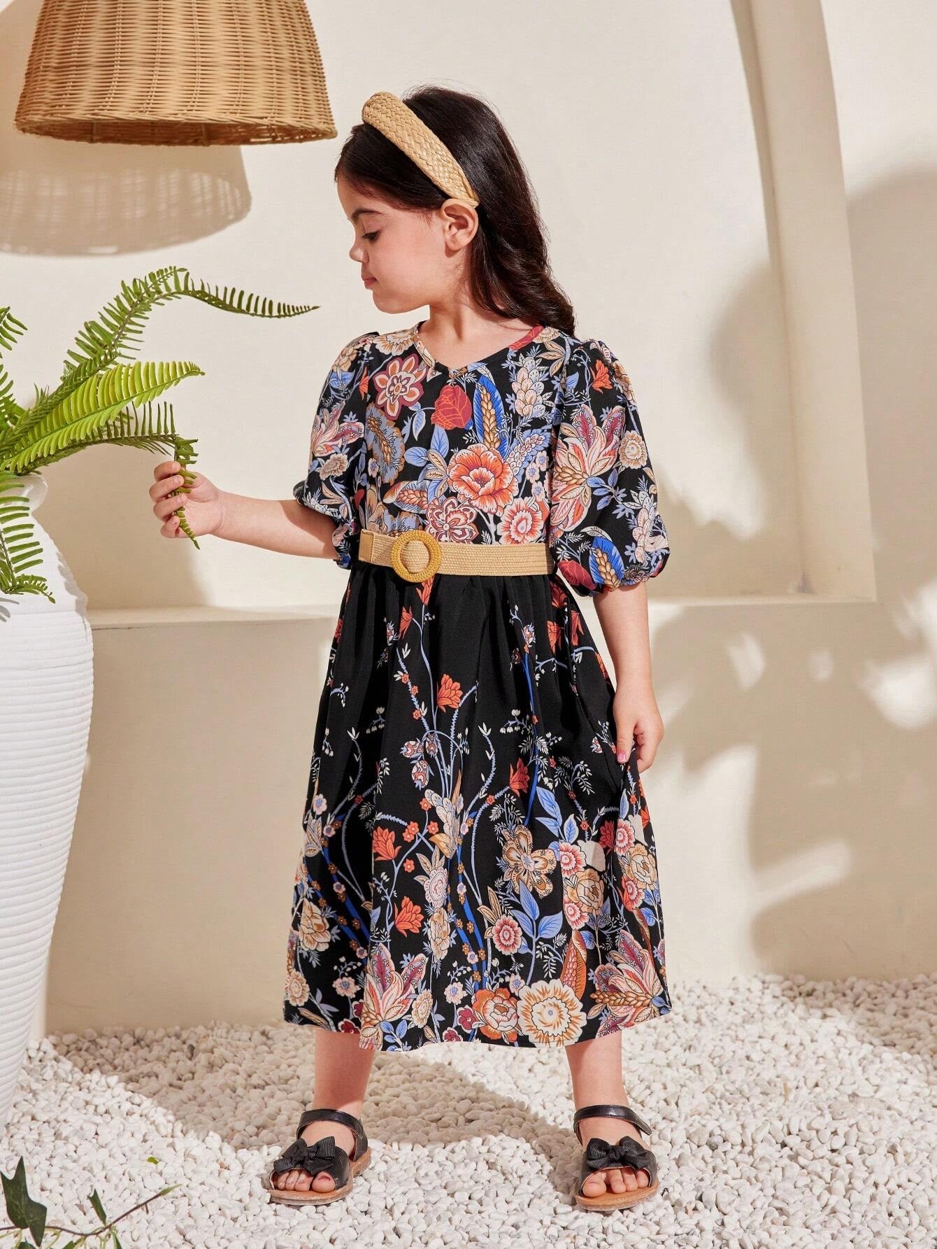 Young Girl Floral Printed V-Neck Puff Sleeve Dress