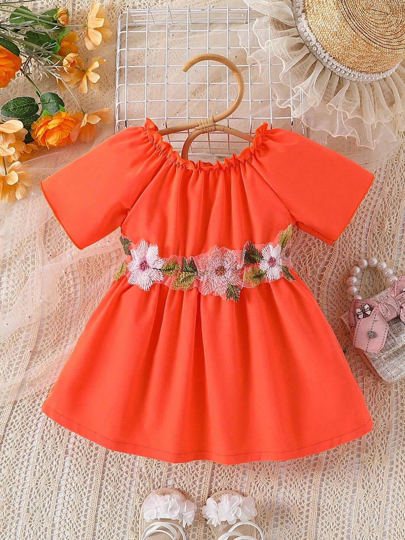 Baby Girl Floral Appliques Frill Trim off Shoulder Dress