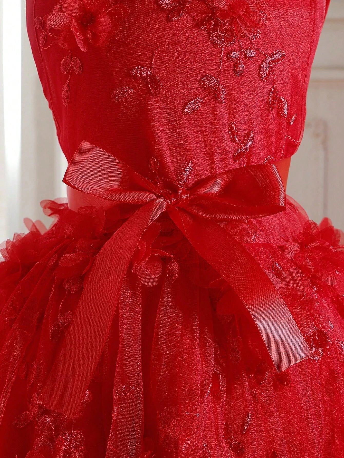 Young Girl, Red Sleeveless Princess Dress with Embroidered Mesh Patchwork