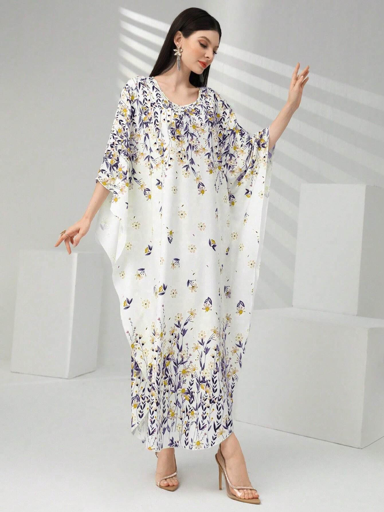 Najma Women'S Floral Print Batwing Sleeve Turkish Long Shirt