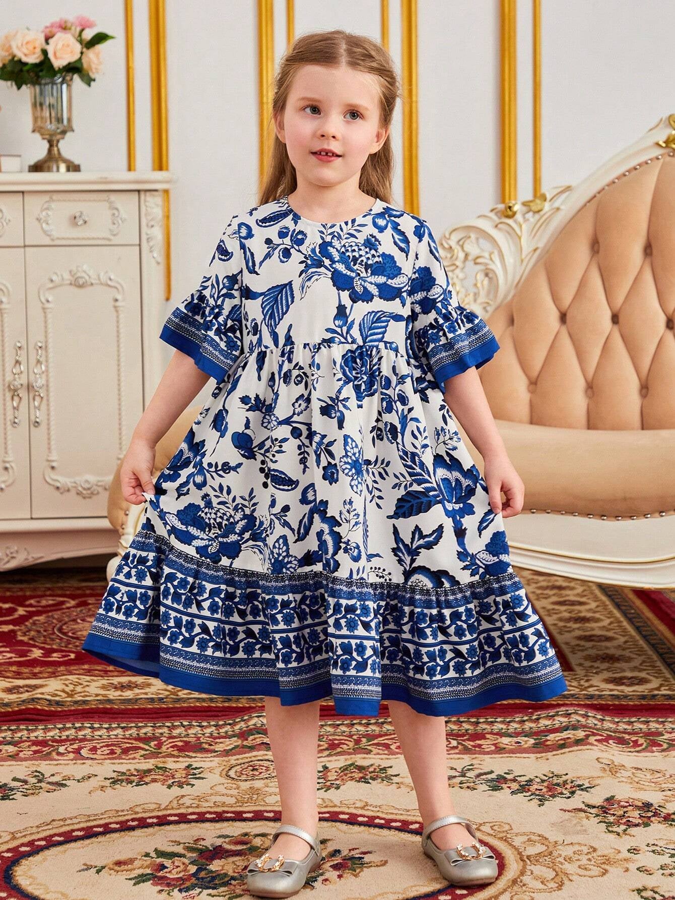 Young Girl Floral Print Flounce Sleeve Ruffle Hem Smock Dress