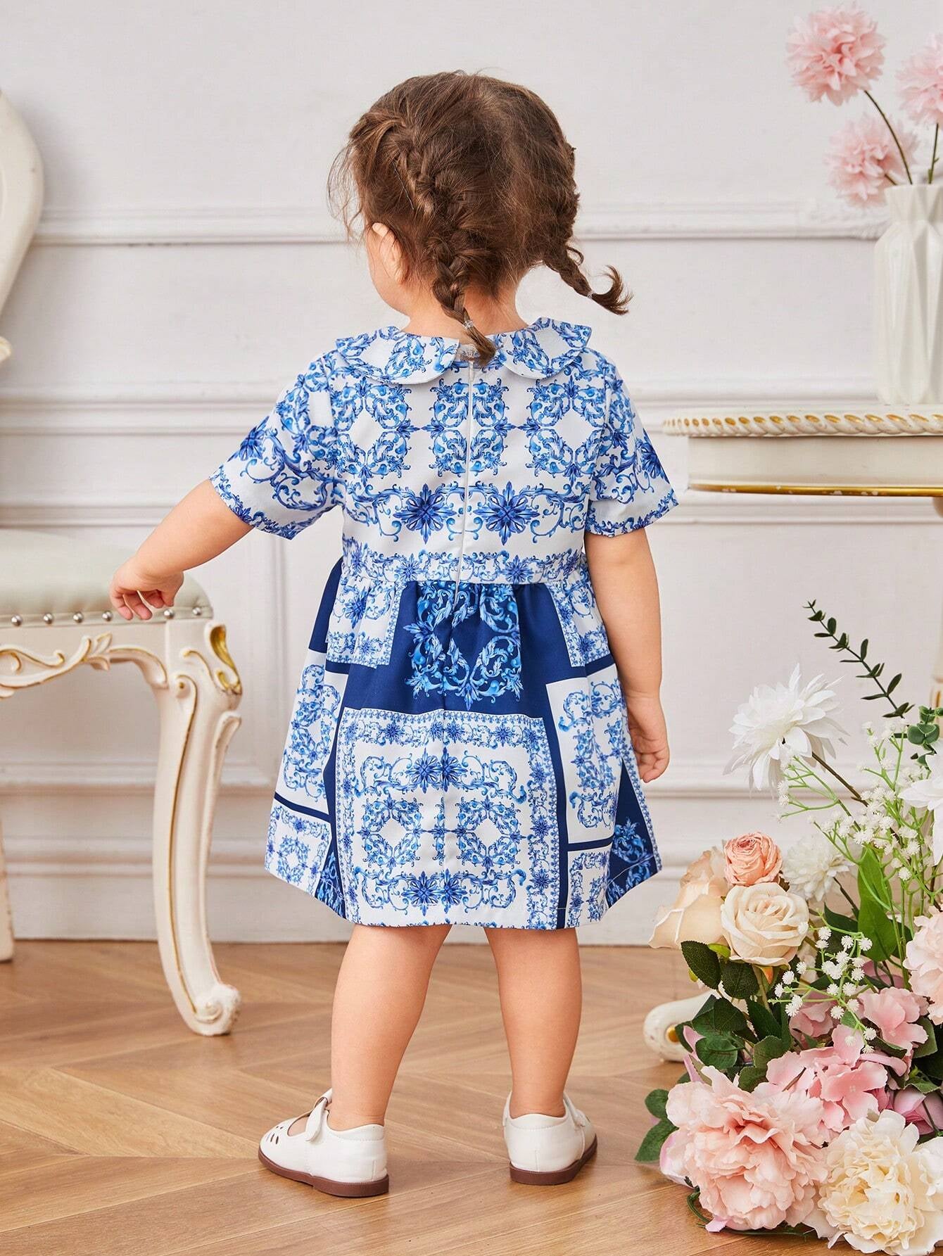 Baby Girls' Elegant Palace-Style Doll Collar Printed Dress, Suitable