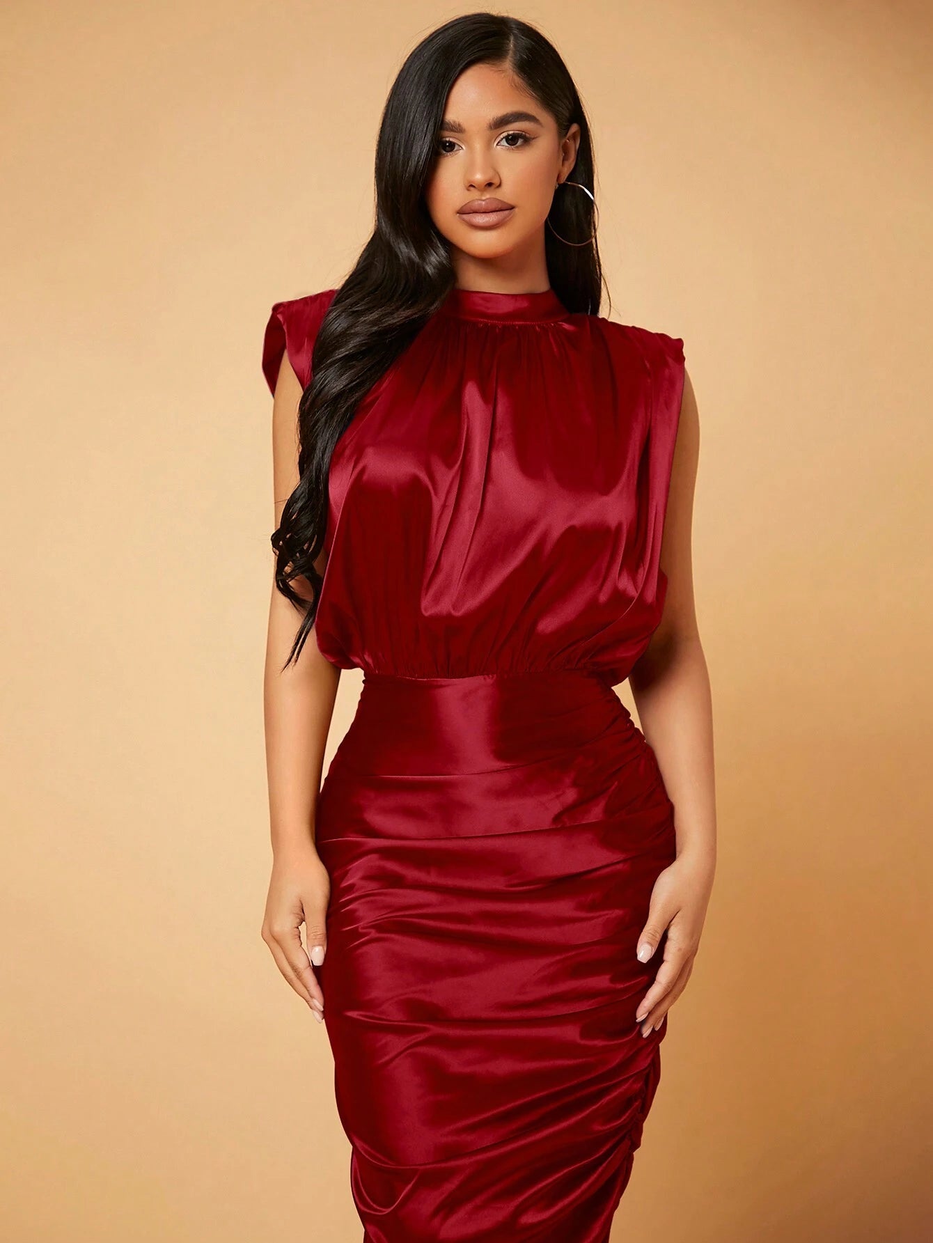 SXY Mock Neck Ruched Asymmetrical Hem Satin Dress
