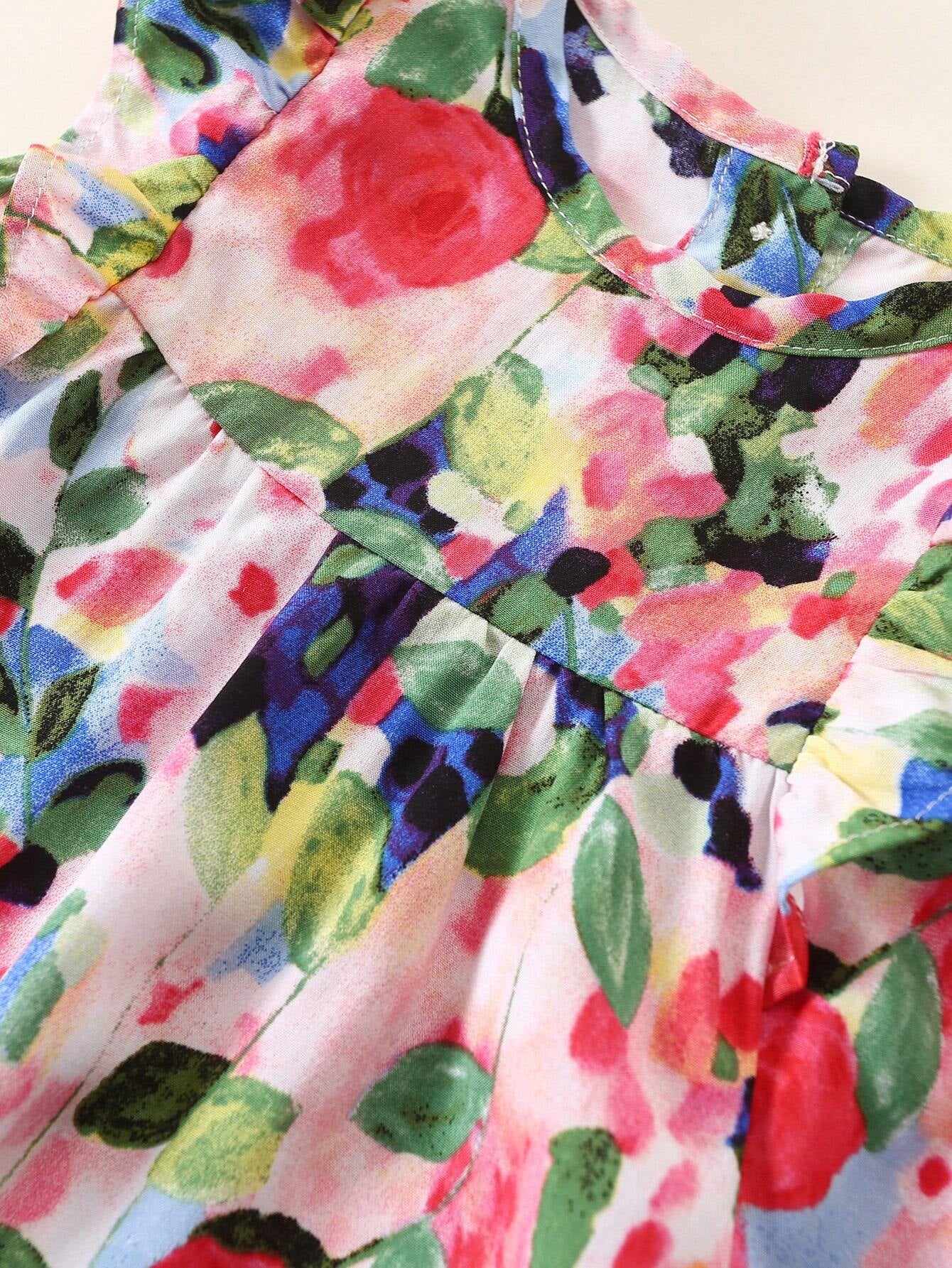 Baby Girl'S Full Print Floral Dress with Ruffled Hem and Headband