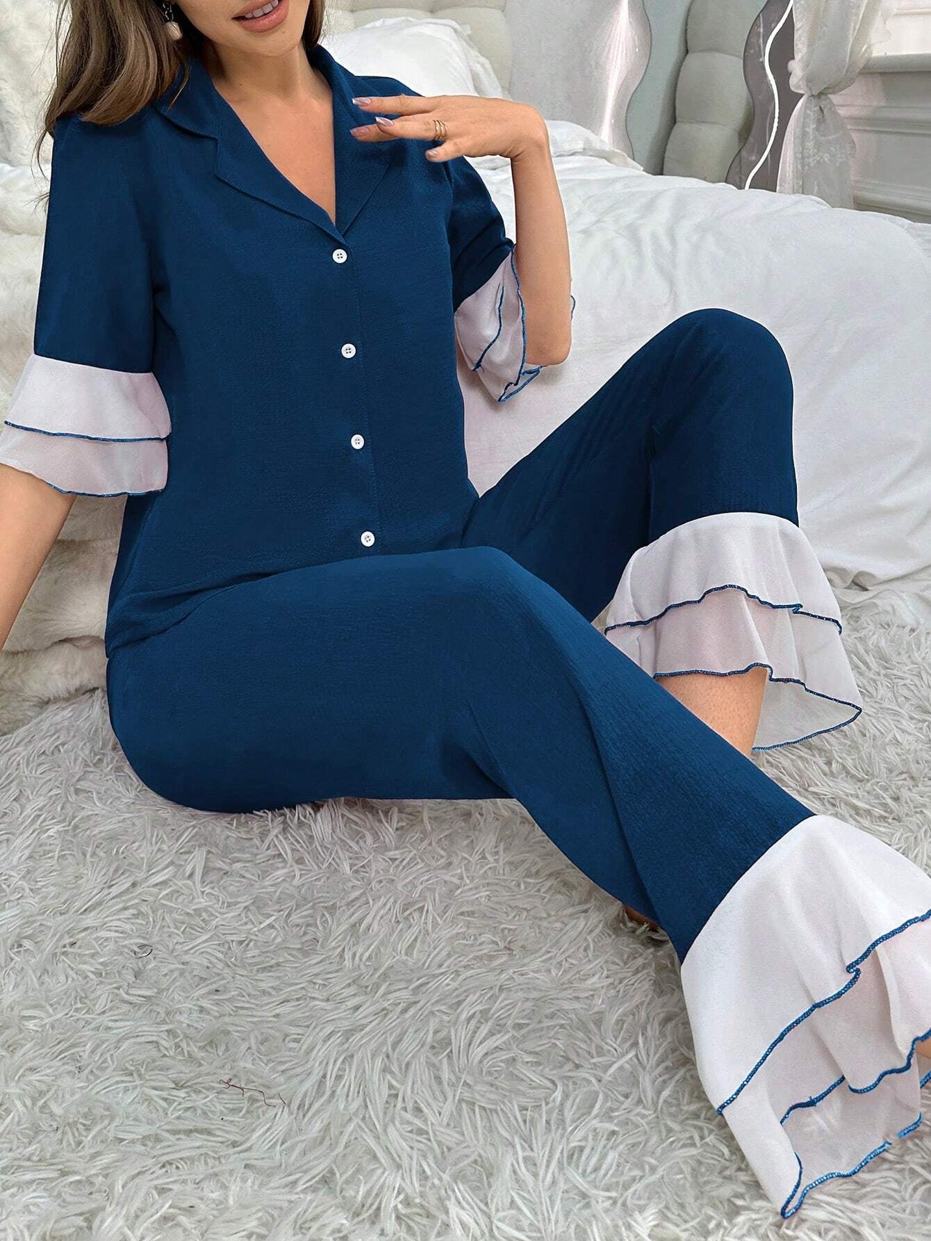 Women'S Two-Piece Sleepwear Set with Color Block Flounce Sleeve Top and Flare Pants