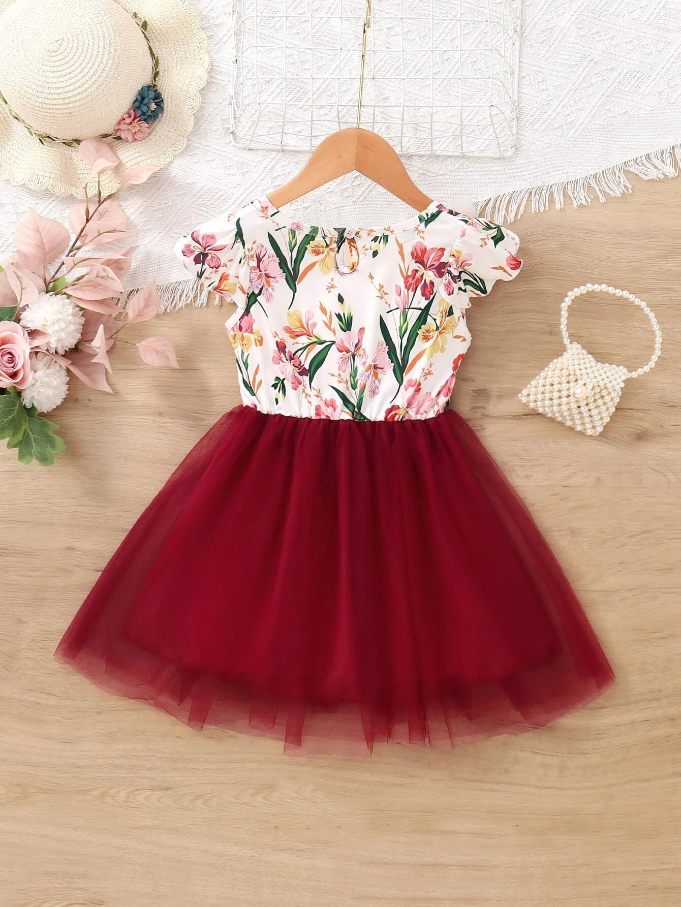 Young Girl Floral Print Contrast Mesh A-Line Dress
