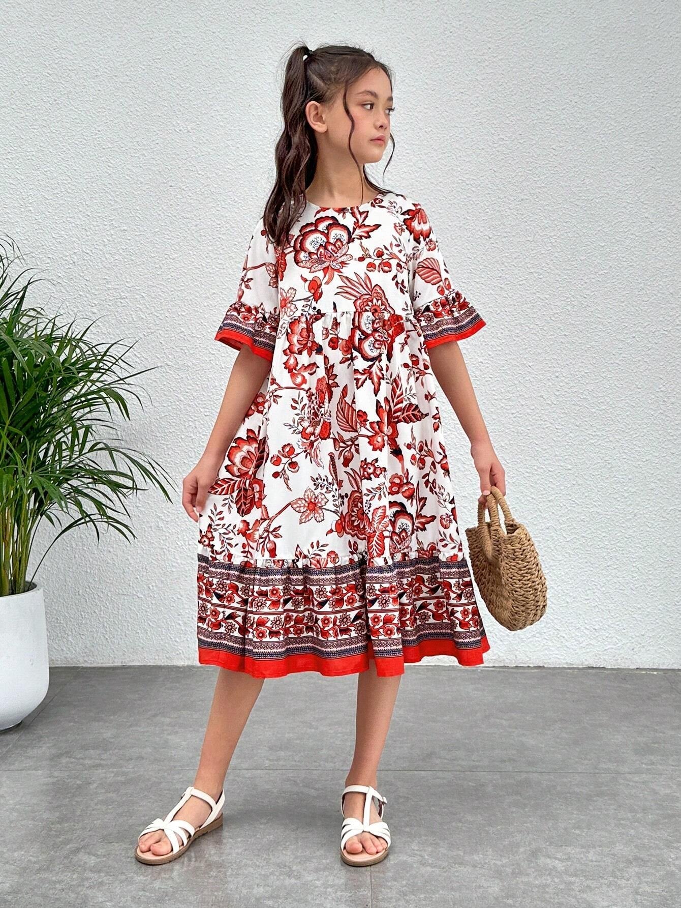 Tween Girl Floral Print Flounce Sleeve Ruffle Hem Dress