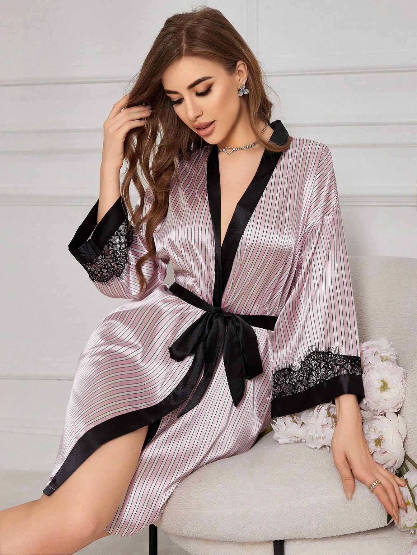 Women'S Striped and Printed Contrast Color Sleepwear with Lace Trim and Waist Belt