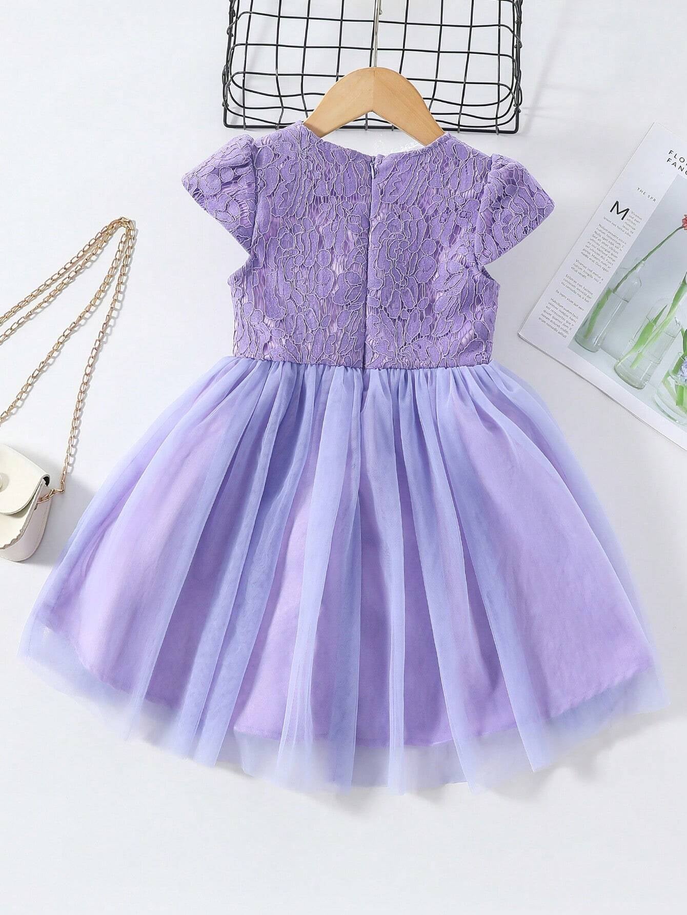 Young Girl Gorgeous Butterfly Bow Decoration Patchwork Lace Tulle Dress