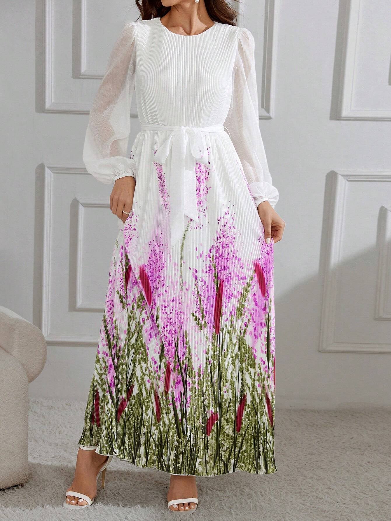 Modely Women'S Printed Lantern Sleeve Dress with Pleated Details