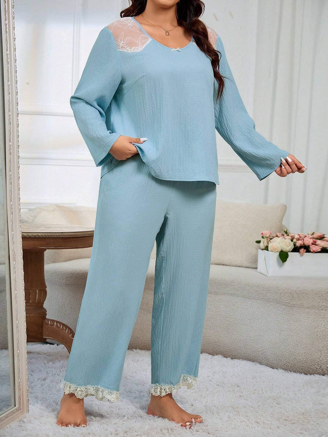 Lace Patchwork plus Size Long Sleeve Long Pants Pajama Set