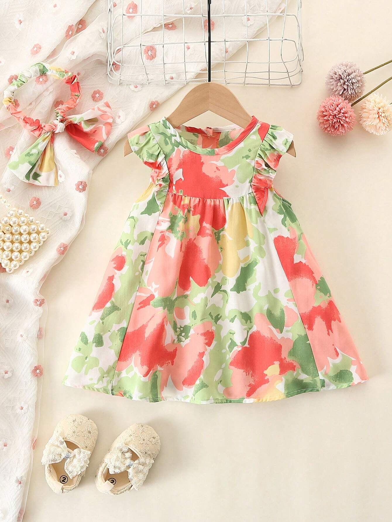 Baby Girl'S Full Print Floral Dress with Ruffled Hem and Headband