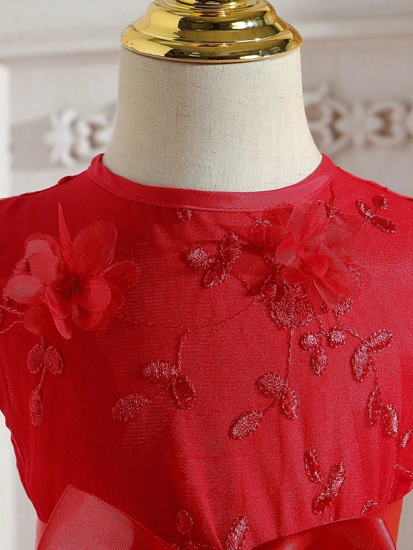Young Girl, Red Sleeveless Princess Dress with Embroidered Mesh Patchwork
