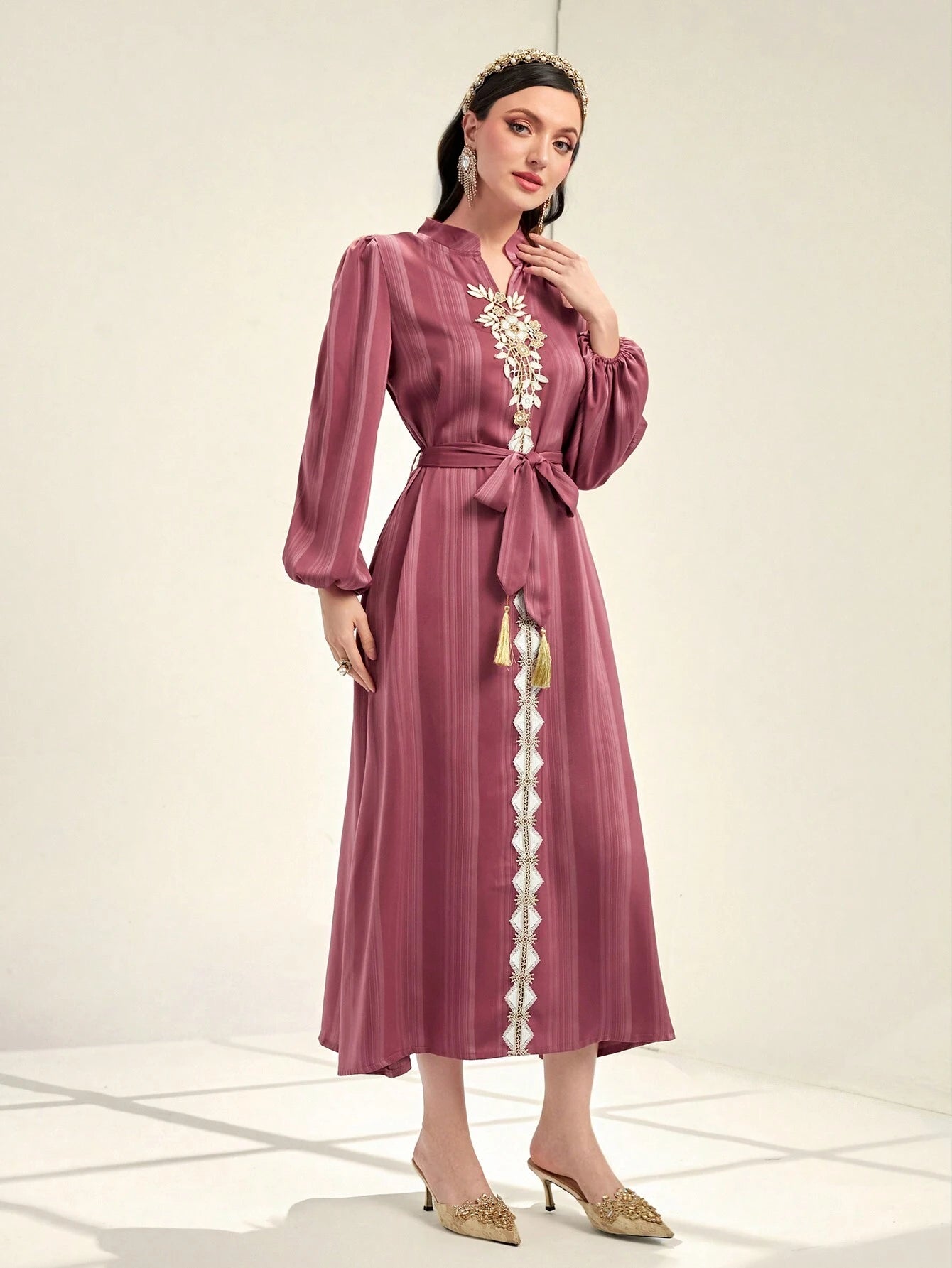 Najma Floral Embroidery Lantern Sleeve Belted Dress