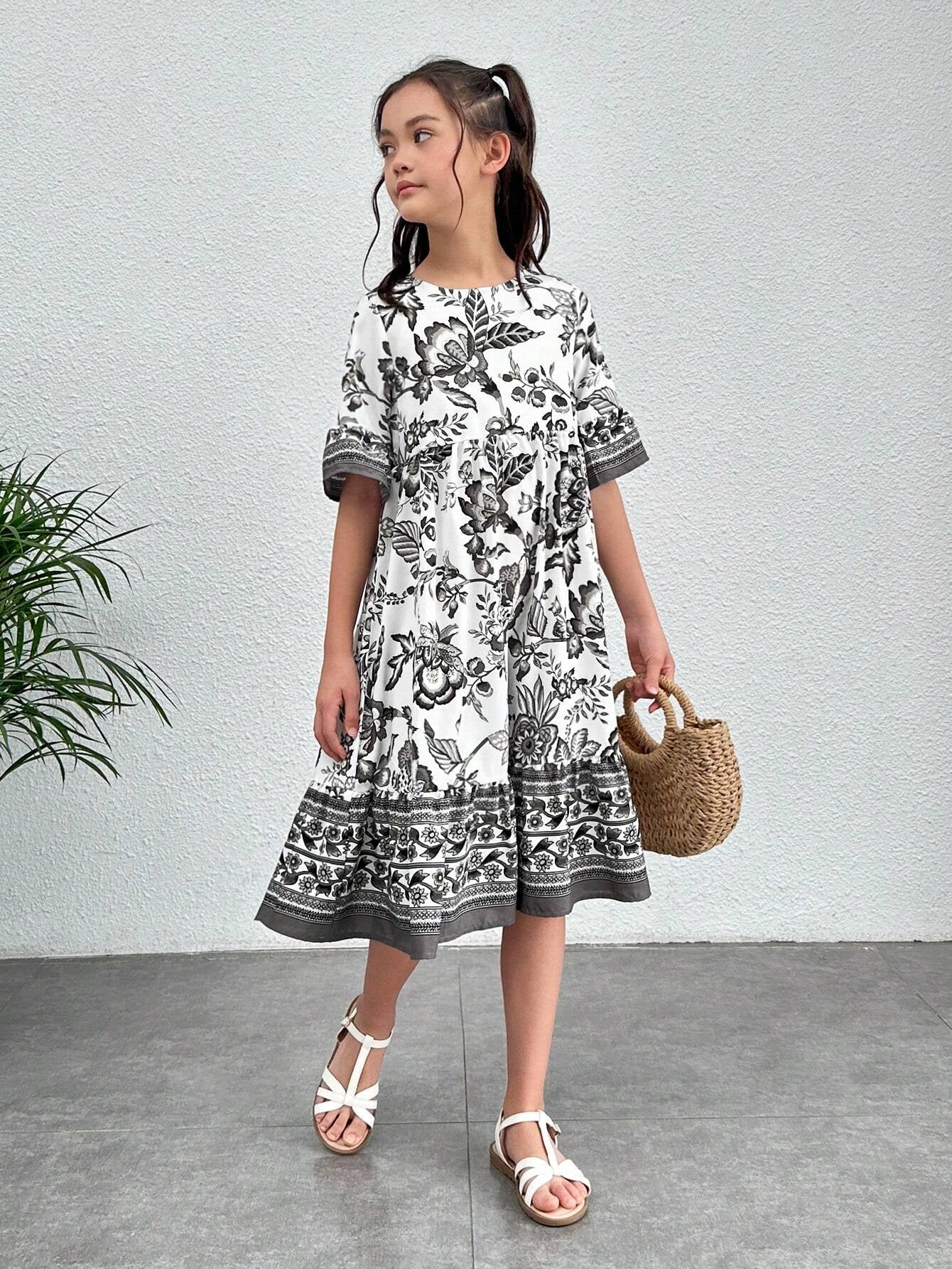 Tween Girl Floral Print Flounce Sleeve Ruffle Hem Dress