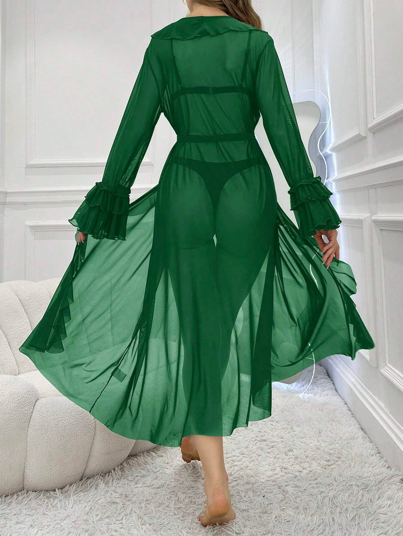 Women Fashionable Lotus Leaf Edge Decorative Mesh Perspective Long Nightgown