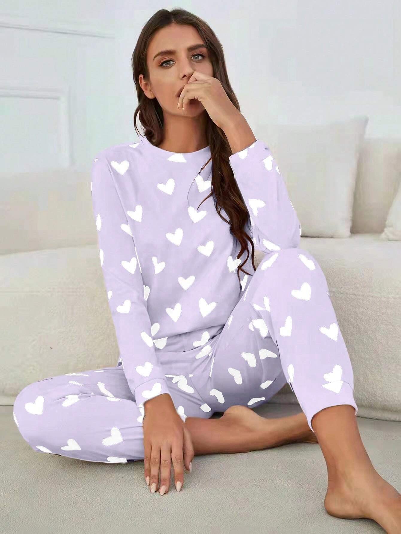 White and Red Heart Patterned Home Wear Set