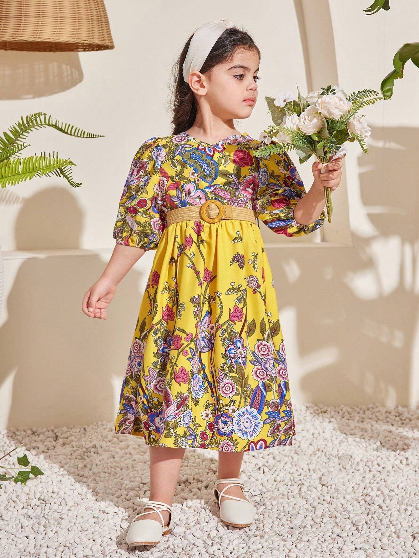 Young Girl Floral Printed V-Neck Puff Sleeve Dress