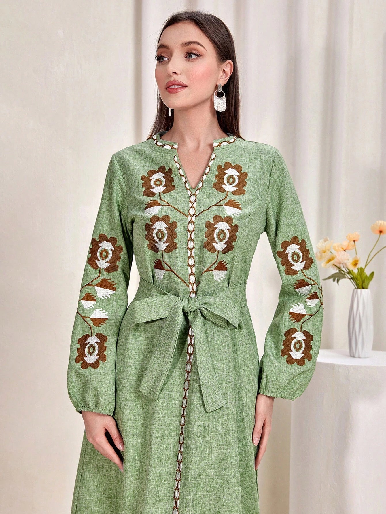 Najma Graphic Embroidery Notched Neckline Belted Dress