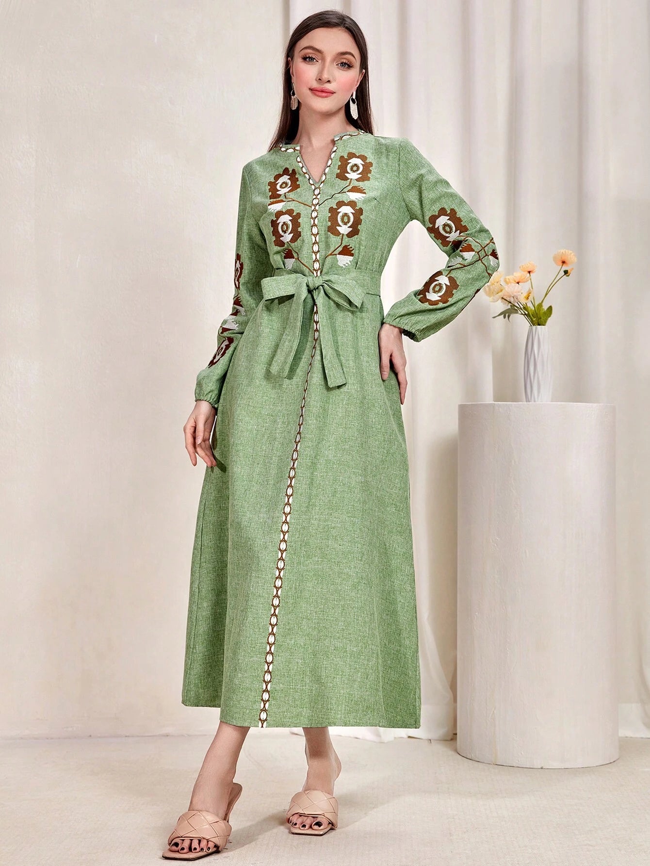 Najma Graphic Embroidery Notched Neckline Belted Dress