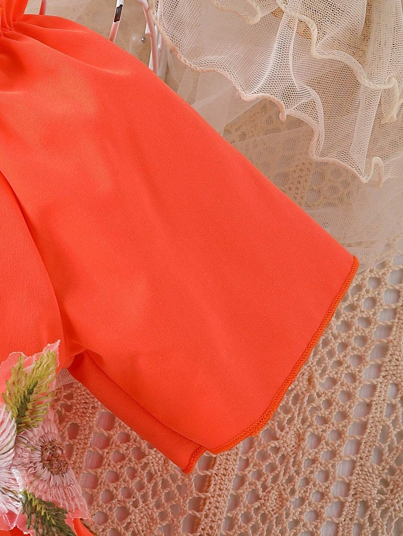 Baby Girl Floral Appliques Frill Trim off Shoulder Dress