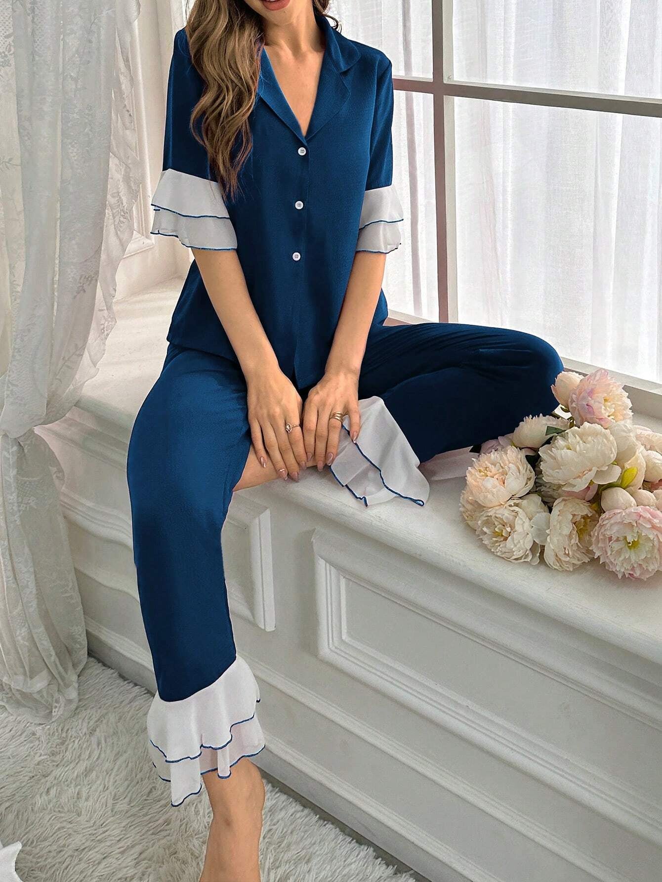 Women'S Two-Piece Sleepwear Set with Color Block Flounce Sleeve Top and Flare Pants