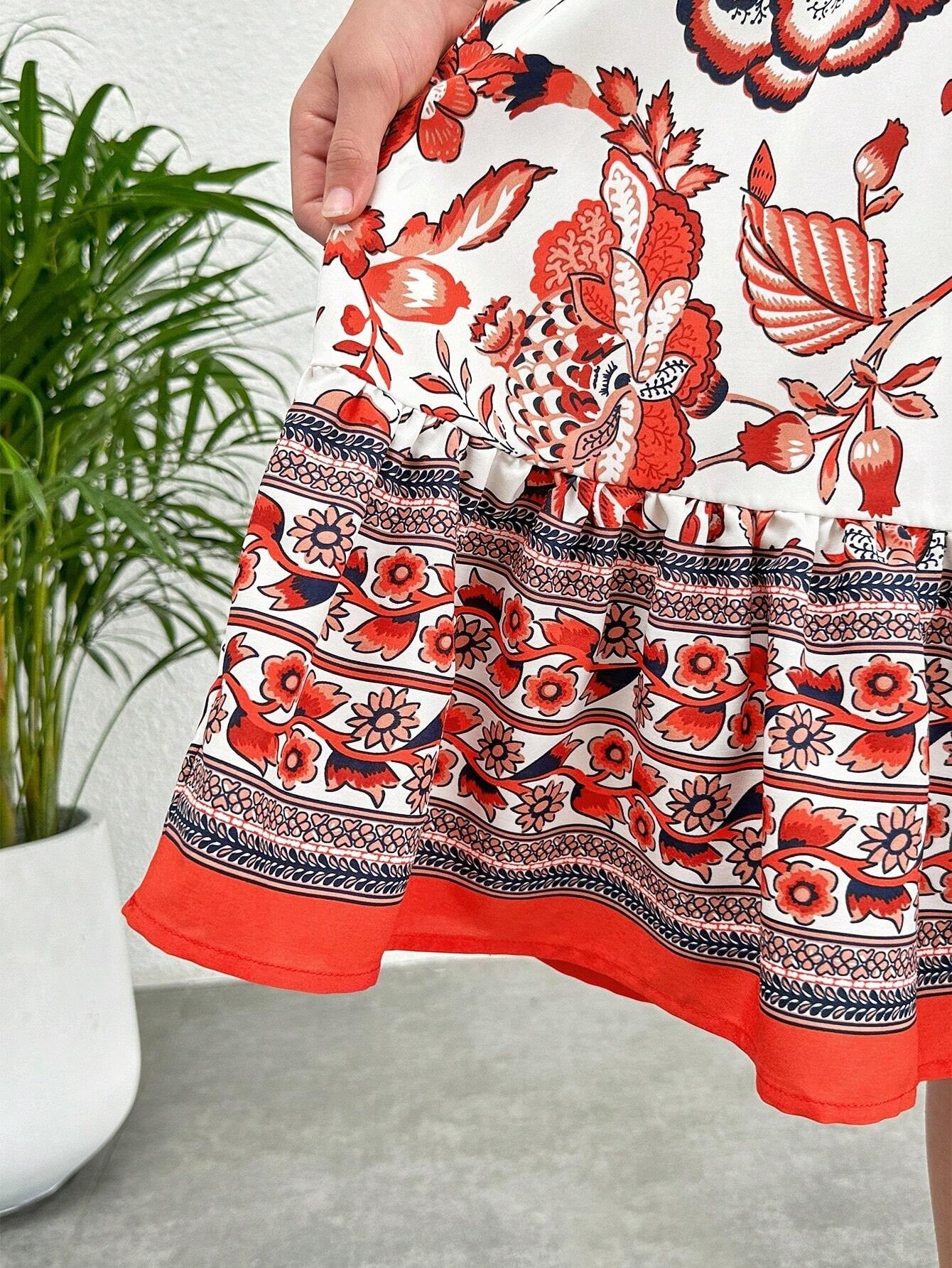 Tween Girl Floral Print Flounce Sleeve Ruffle Hem Dress